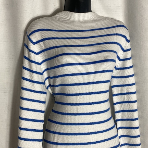 MIROL Mujer Mock Neck Striped Dress Long Puff Sleeve Side Slit Knit Sweater Sz L - Picture 8 of 14